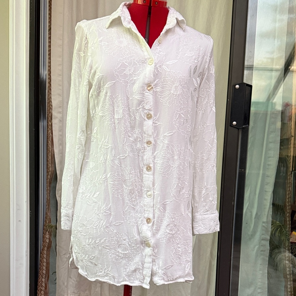White Embroidered Button-Up Sleep Shirt